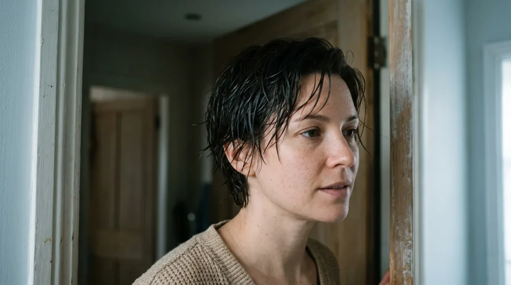 Woman with damp mid-length grown-out pixie standing in doorway landing in cool daylight