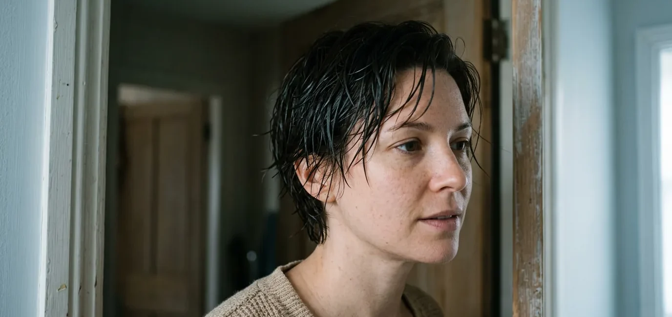 Woman with damp mid-length grown-out pixie standing in doorway landing in cool daylight