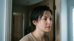 Woman with damp mid-length grown-out pixie standing in doorway landing in cool daylight