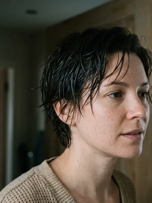Woman with damp mid-length grown-out pixie standing in doorway landing in cool daylight