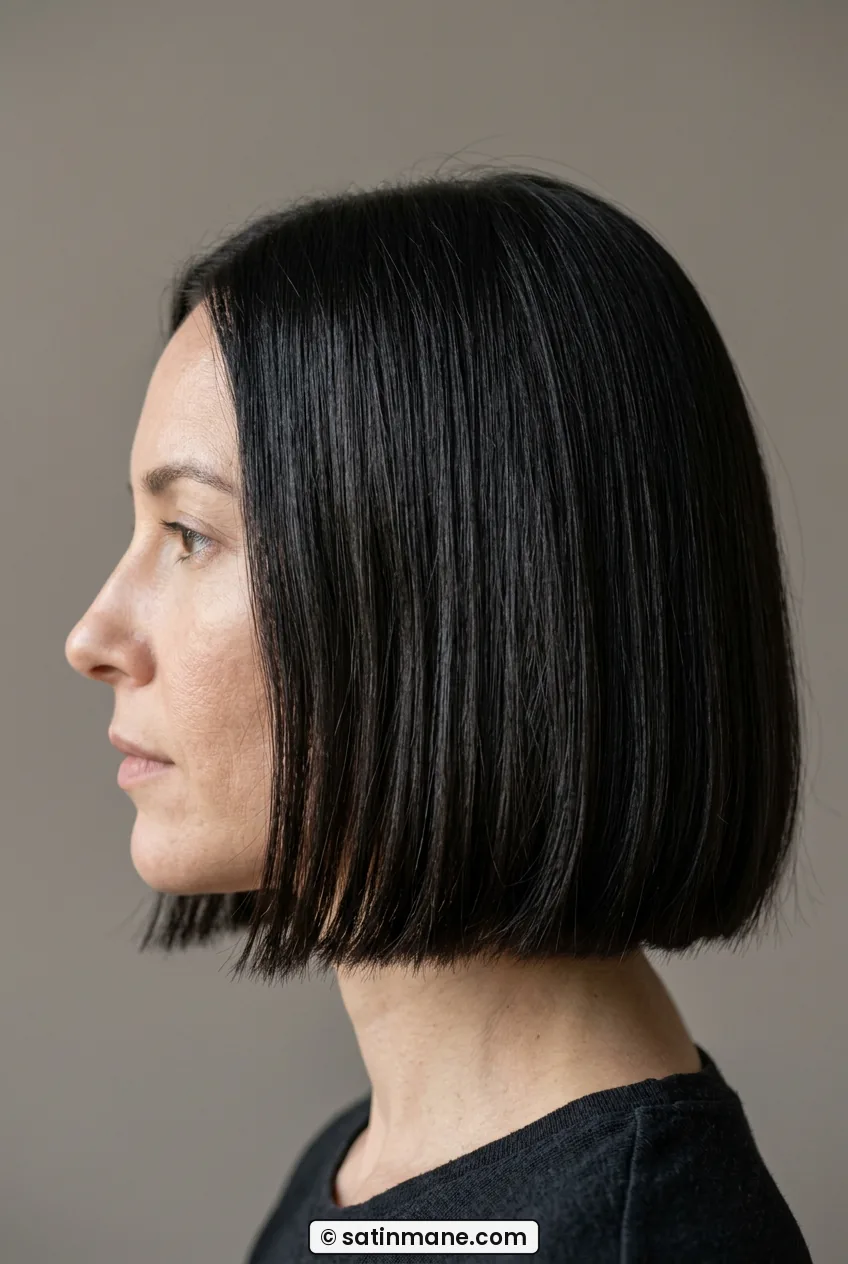 Woman in side profile with blunt dark chin length bob with glassy ends