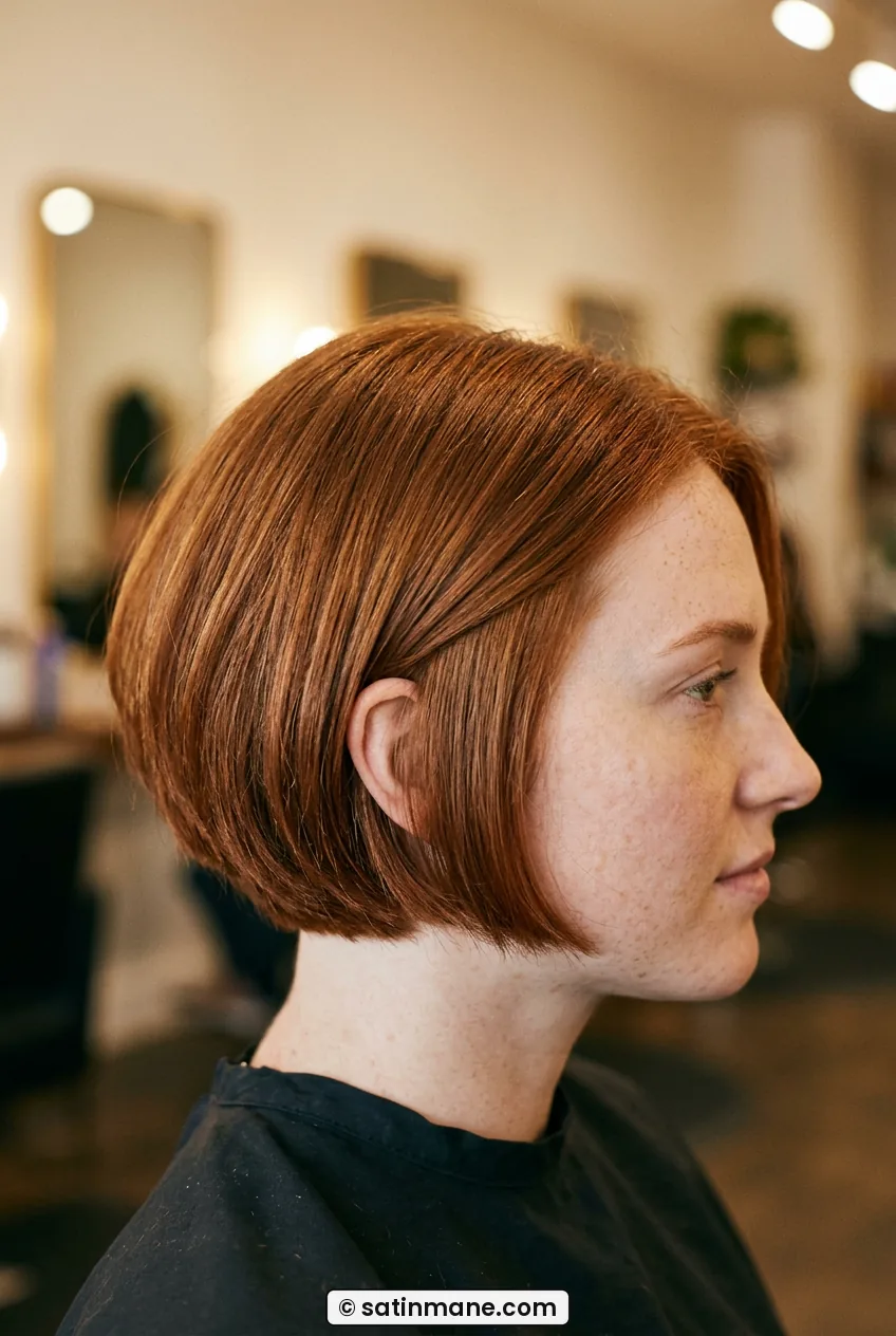 Woman with thick ear length bob tucked neatly showing debulked sides in salon