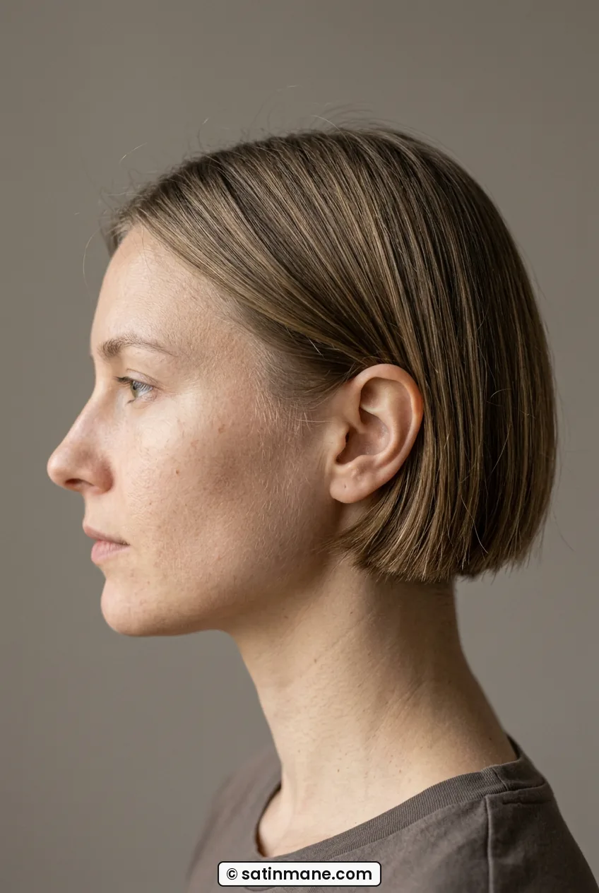Woman in side profile with extra short ear hugging bob tucked behind ear