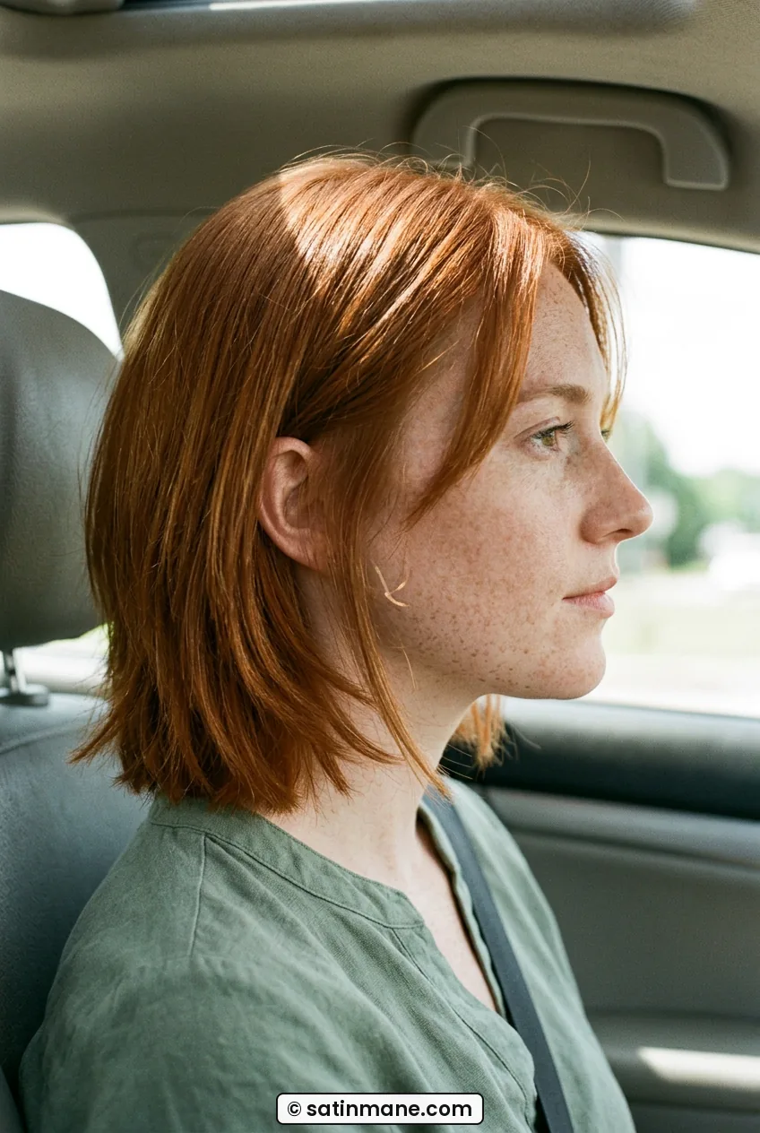 Side profile of woman with feathered chin-length bob and longer front pieces