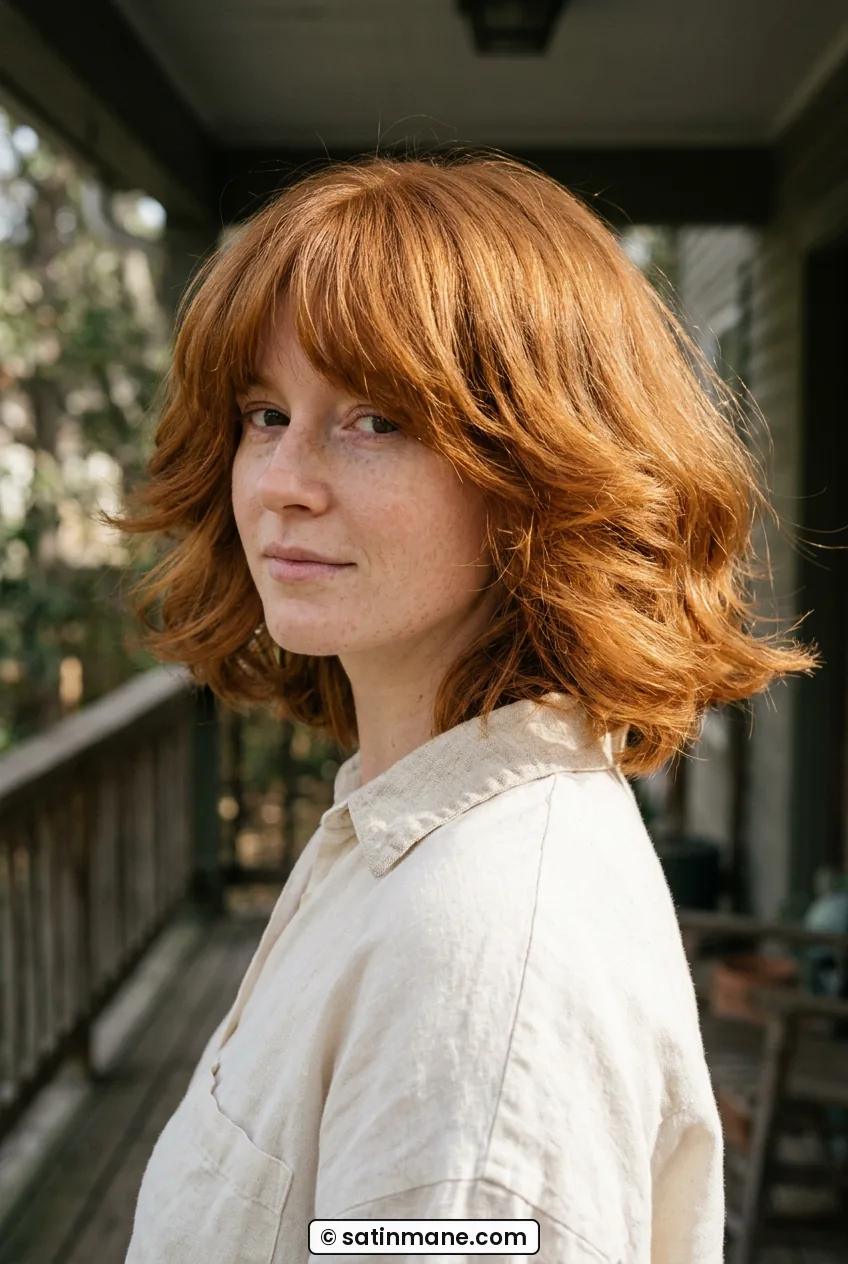 Woman with feathered jaw-length shag and outward flipped layers mid-turn