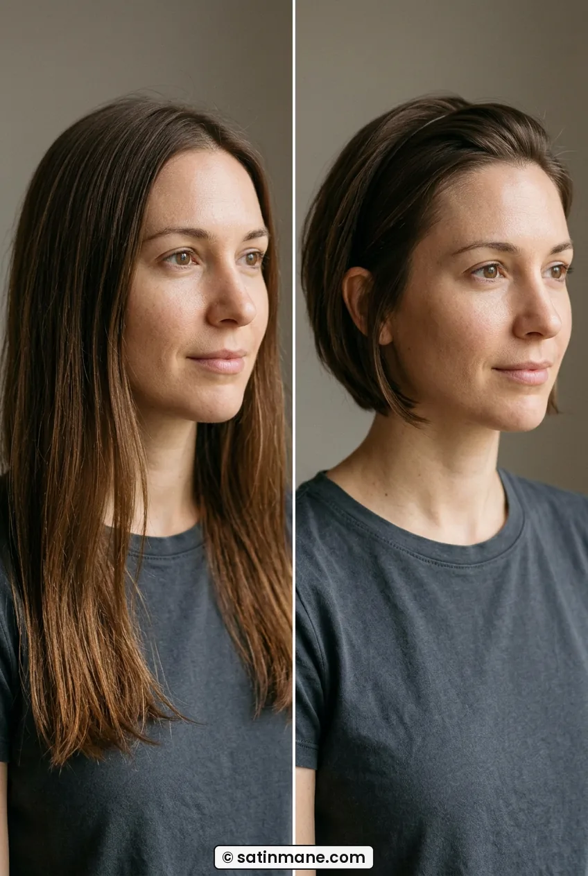 Woman with short French bob tucked behind ears showing neat neckline and face framing