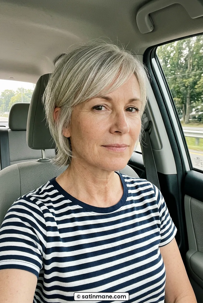 Woman with neck-skimming French crop and side-swept bangs in car