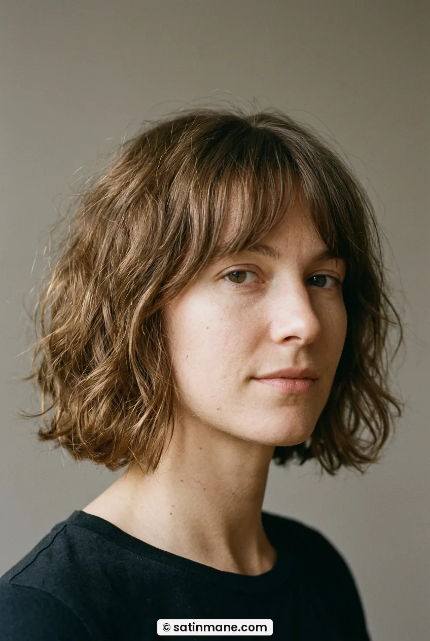 Woman with soft French bob at jaw length with curtain bangs and waves