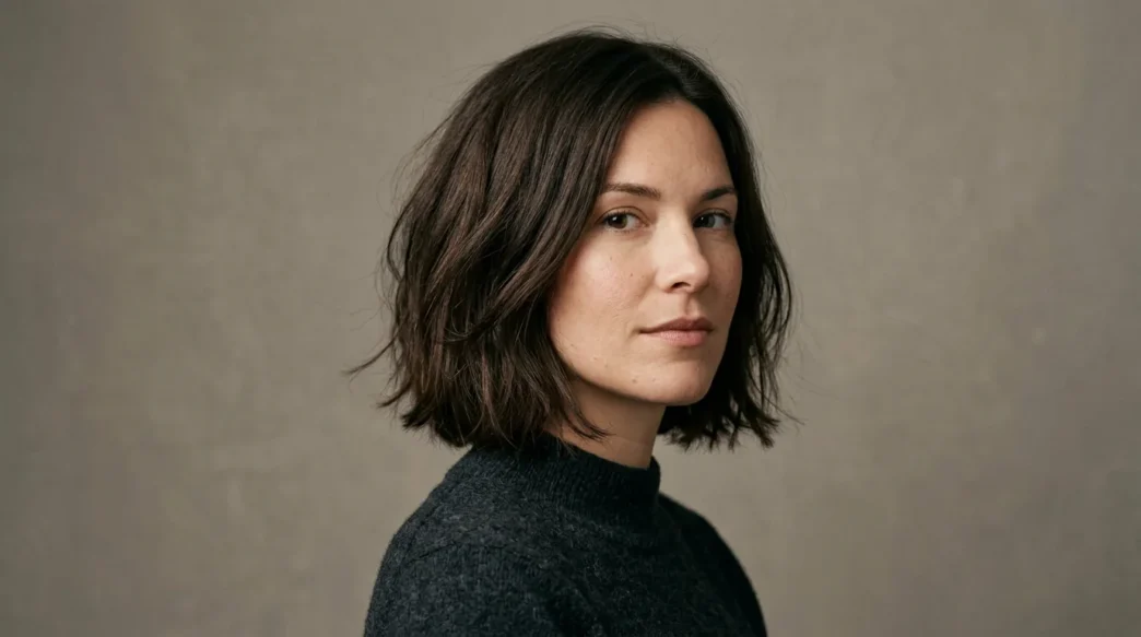 Woman with fresh chin-length textured bob in studio portrait against warm grey backdrop