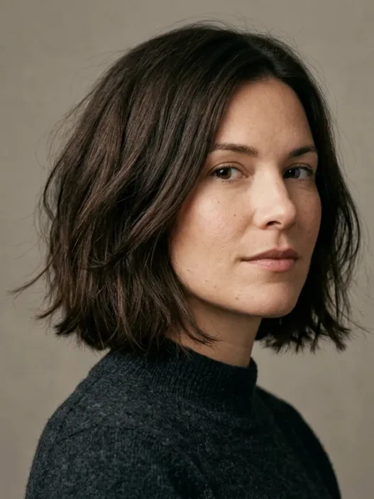 Woman with fresh chin-length textured bob in studio portrait against warm grey backdrop