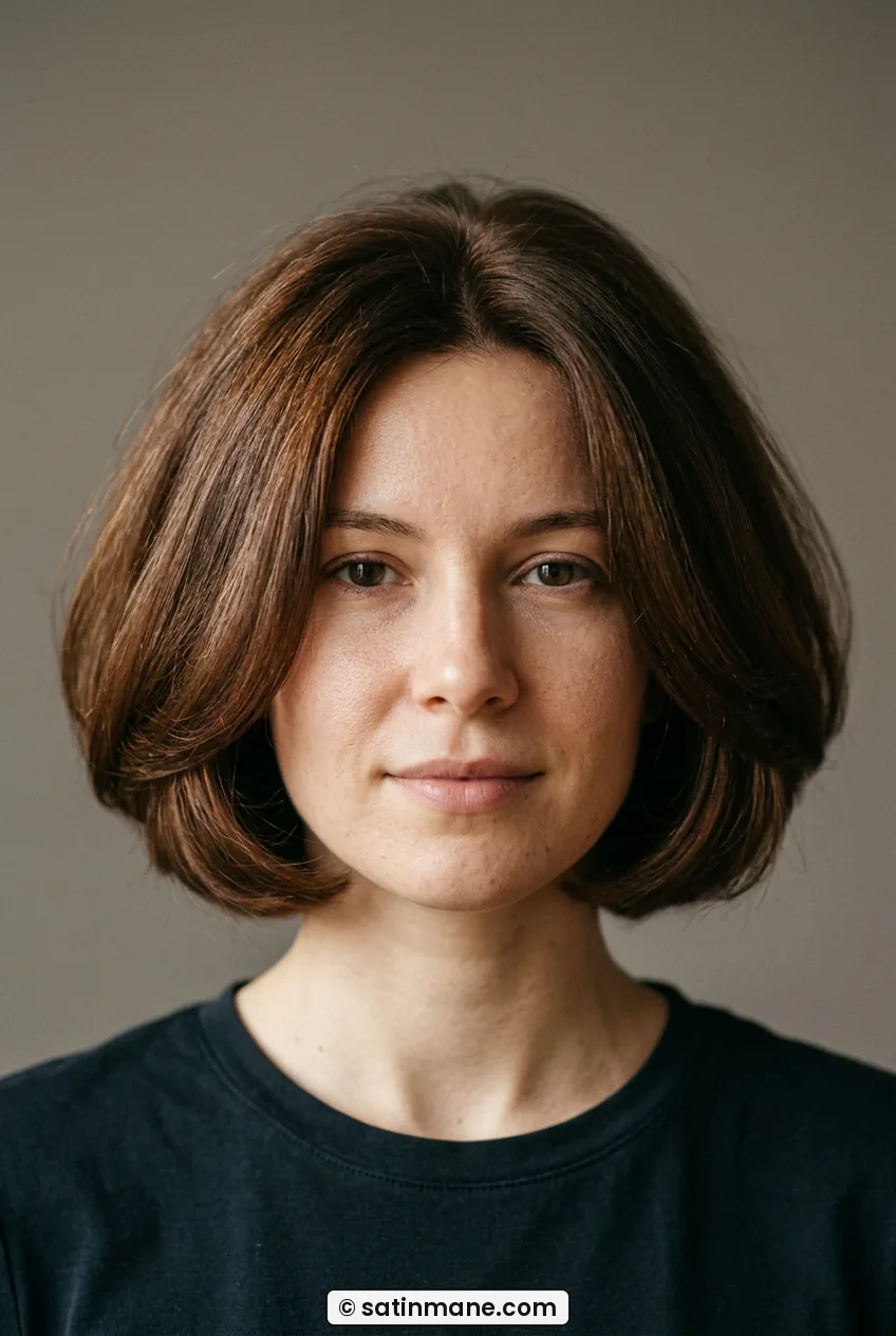 Woman facing forward with full rounded bob skimming the chin