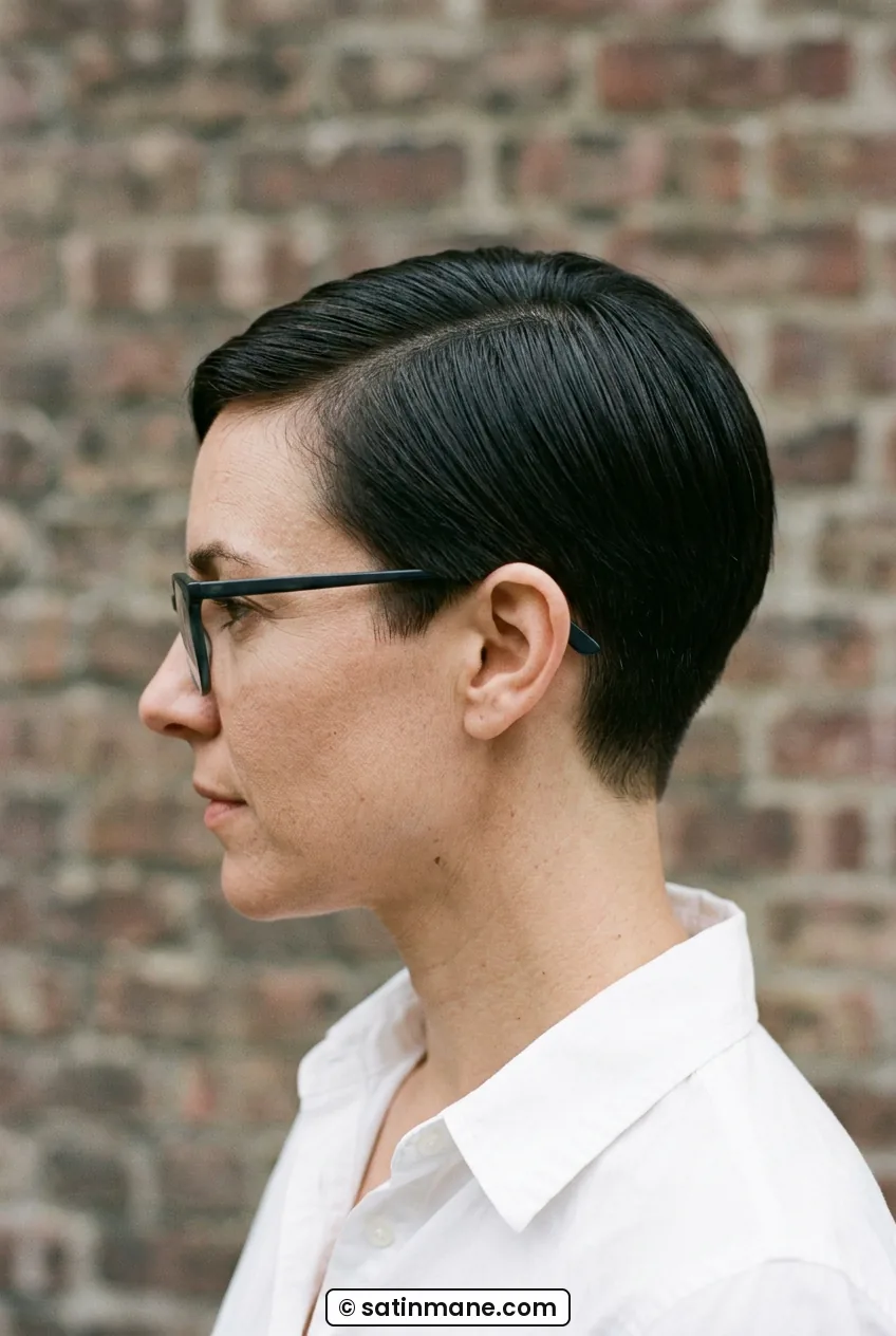 Woman wearing glasses with sleek side-part short crop tapered around ears