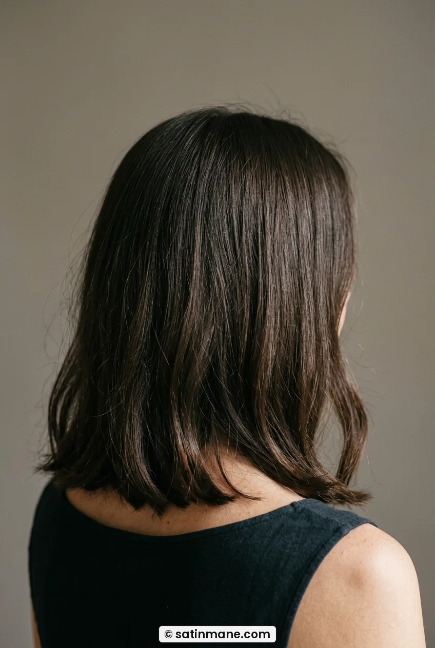 Woman seen from behind with grown out long bob resting at collarbone