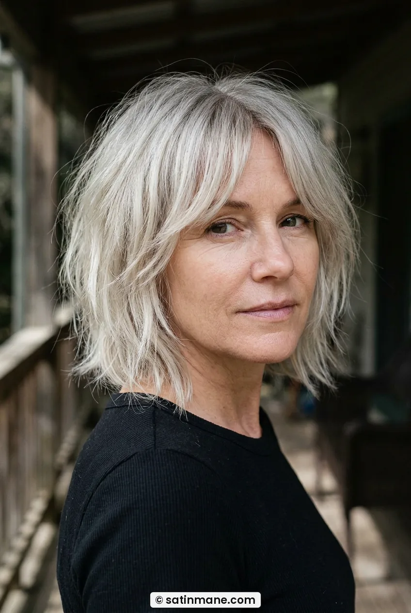 Woman with chin-length shaggy bob and soft curtain fringe front view
