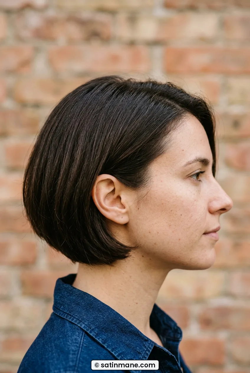 Woman in side profile with ear-length French bob tucked behind ear outdoors