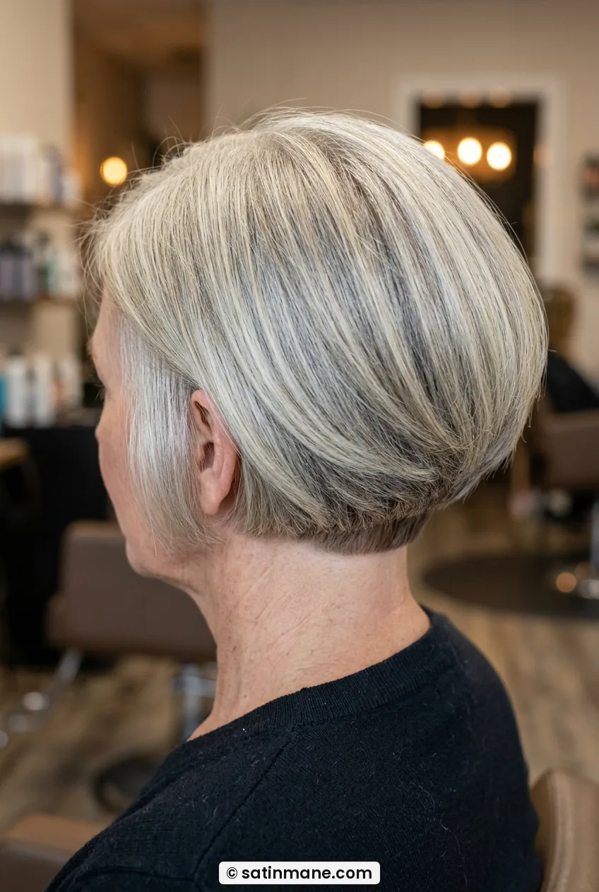 Woman with thick short bob viewed from back showing smooth full outer shape