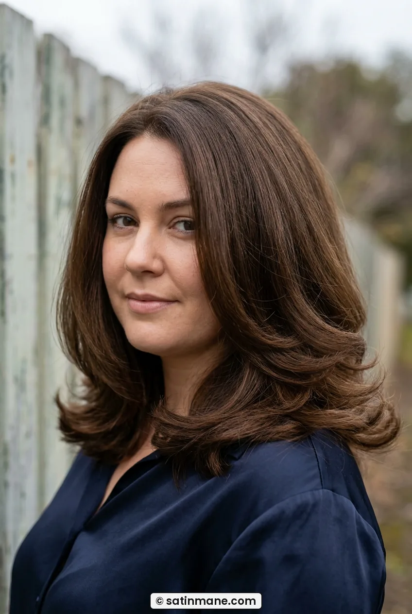 Woman with bouncy medium blowout showing sleek crown and jaw level volume
