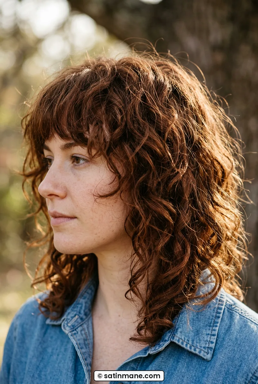 Woman in side profile showing jaw length curly shag with fringe