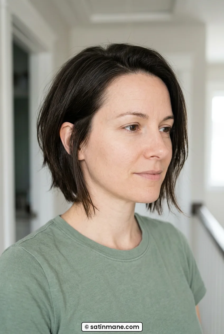 Three-quarter view of woman with damp jaw-length hair tucked behind one ear indoors