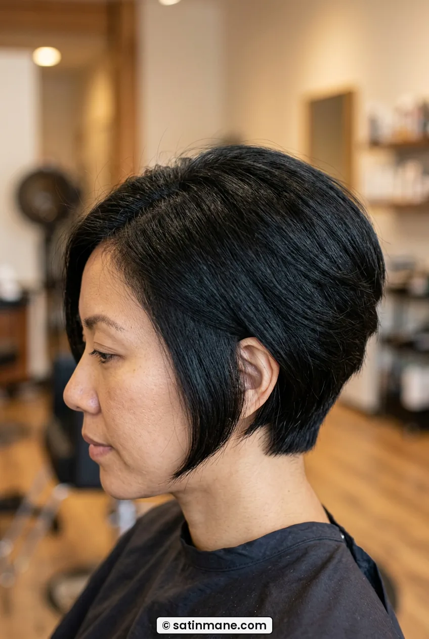Woman with thick jaw length wedge haircut showing stacked back in profile view