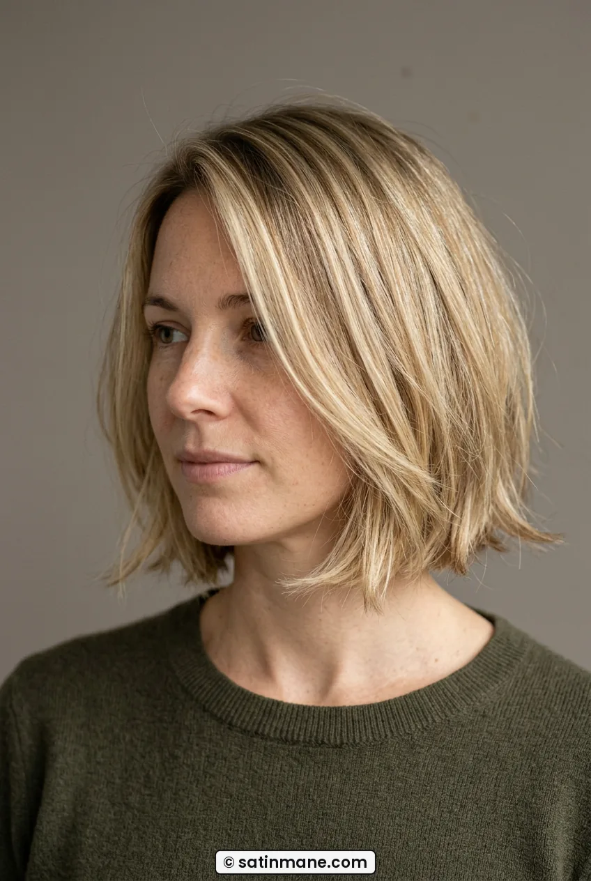 Woman with layered chin length bob showing light swingy ends