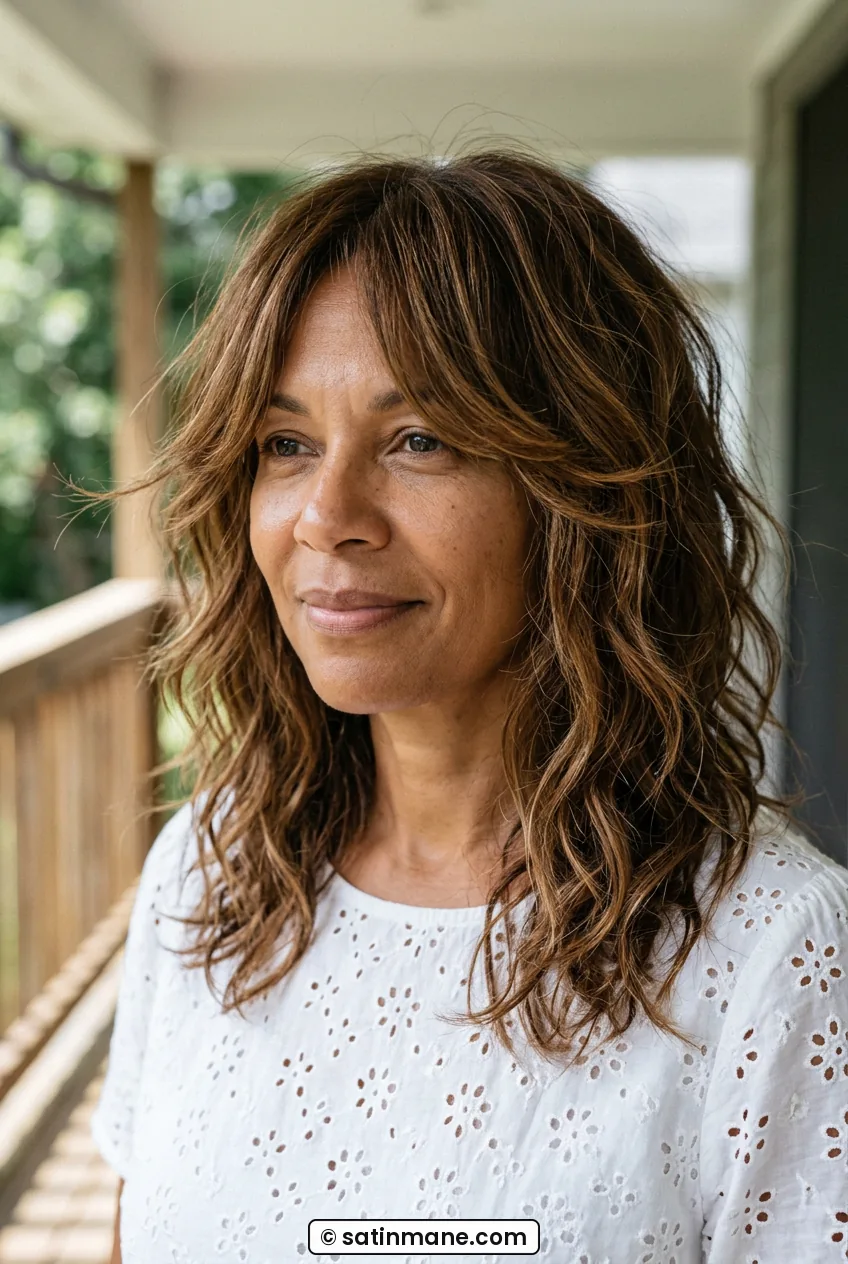 Woman with wavy lob shag showing separated face-framing layers in motion
