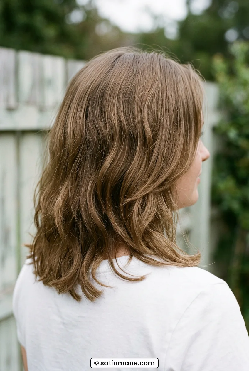 Woman showing long face framing layers melting into collarbone length from behind