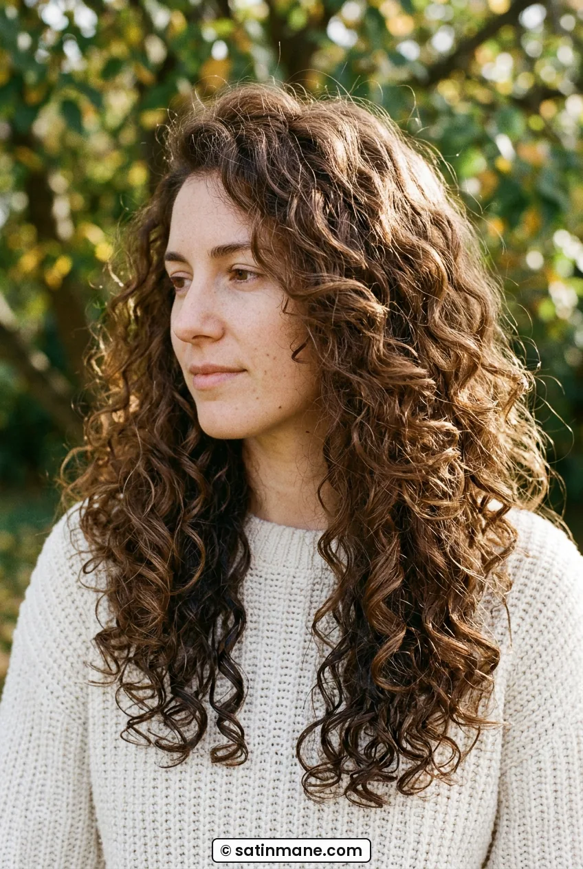 Woman with long chestnut curly layers falling to shoulder blades outdoors