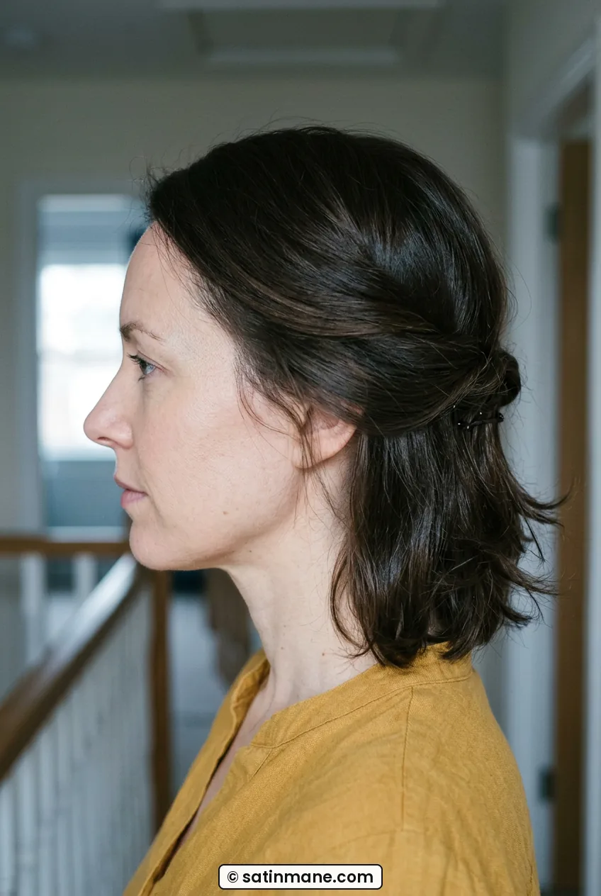 Side profile of woman wearing low half-twist in damp mid-length grow-out hair