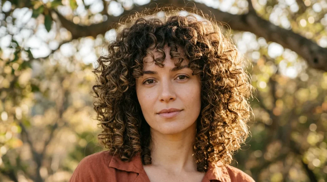 Woman with medium voluminous rounded curly layers under dappled tree light