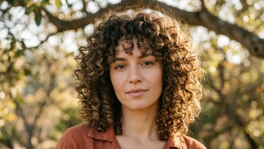 Woman with medium voluminous rounded curly layers under dappled tree light