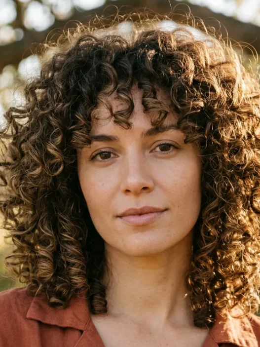 Woman with medium voluminous rounded curly layers under dappled tree light