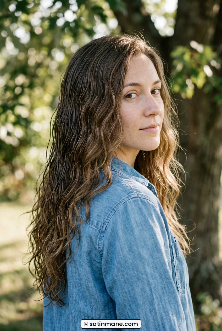 Woman with mid chest U shaped wavy curls shown in three quarter view