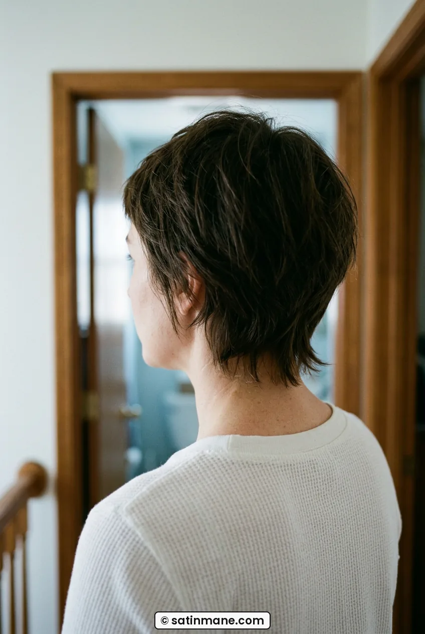 Over-the-shoulder view of woman showing damp nape hair skimming the collarbone