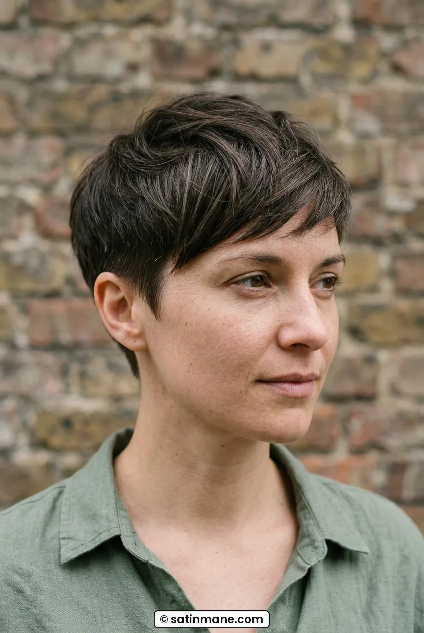 Woman with soft tapered pixie and longer top swept forward in close portrait