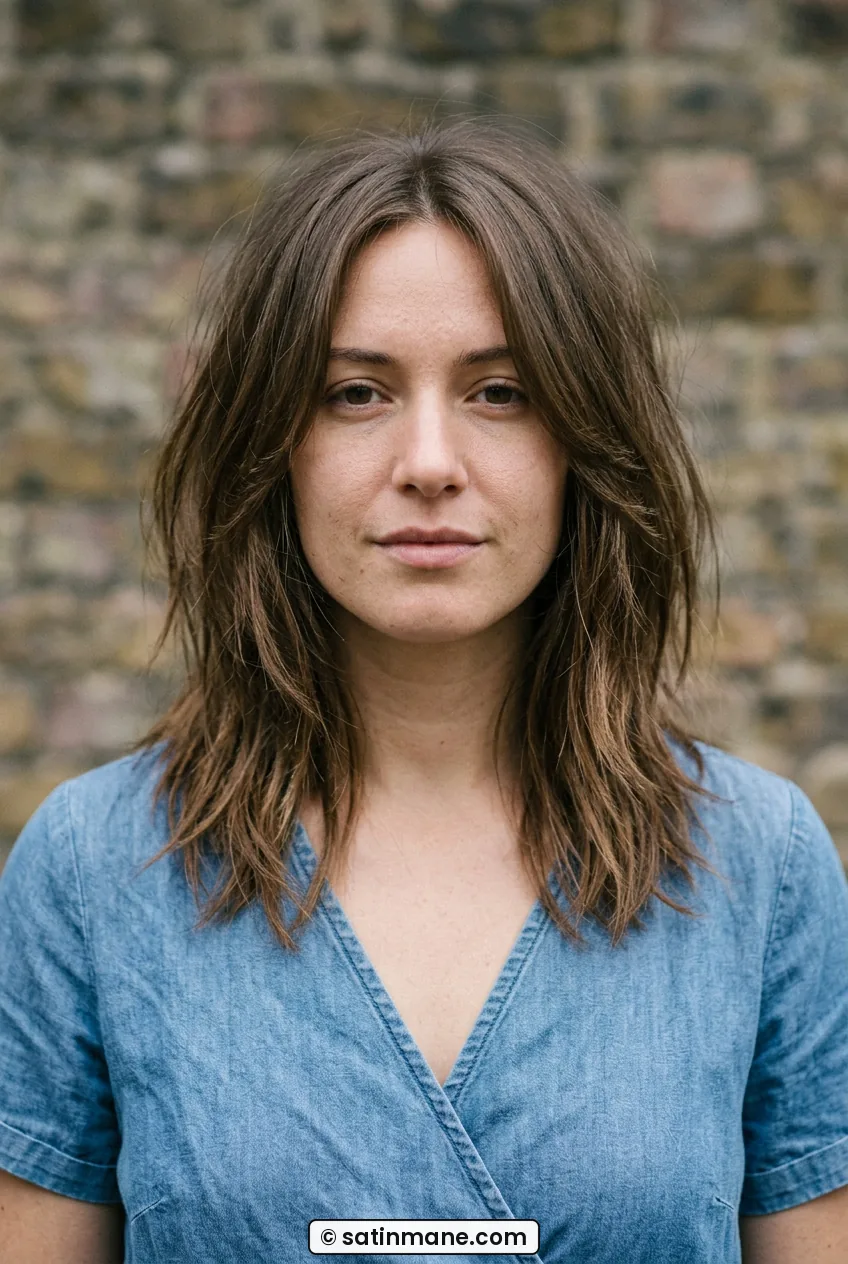 Woman with mid-length cut with shattered ends and soft face framing outdoors