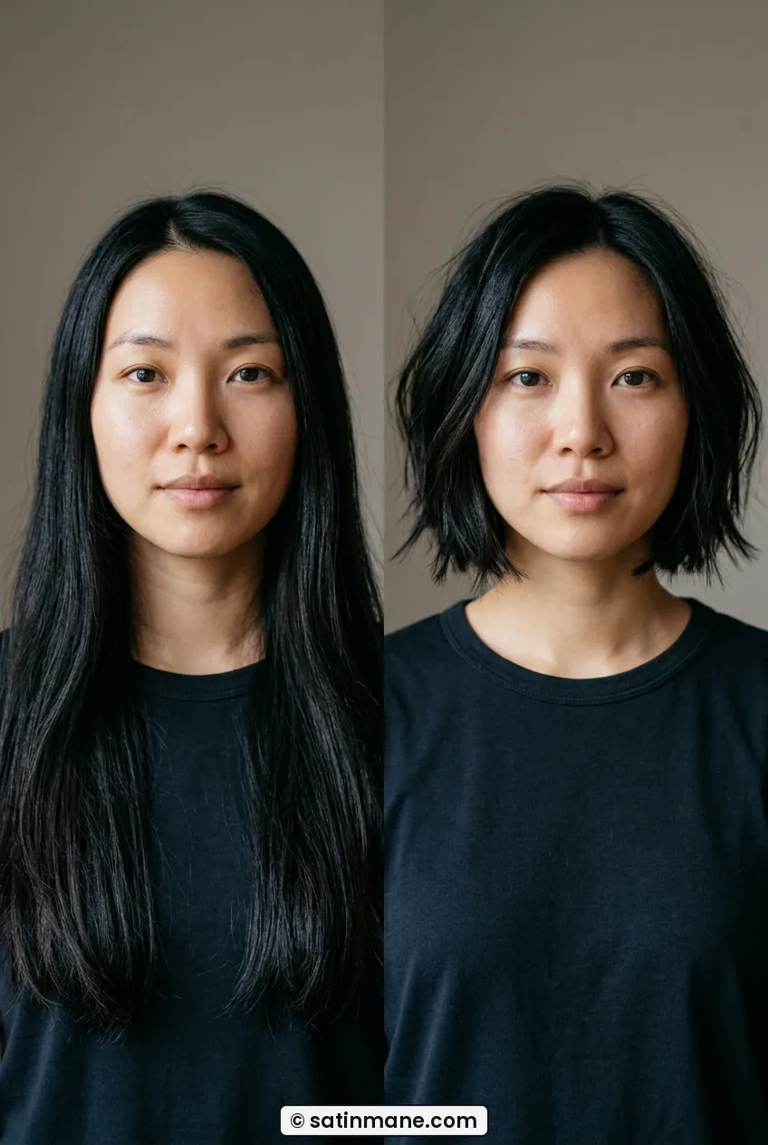 Woman with chin-length piecey bob showing broken textured ends and natural movement