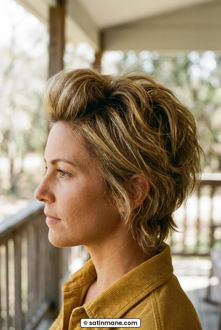 Woman in side profile with pixie shag covering ears and lifted crown