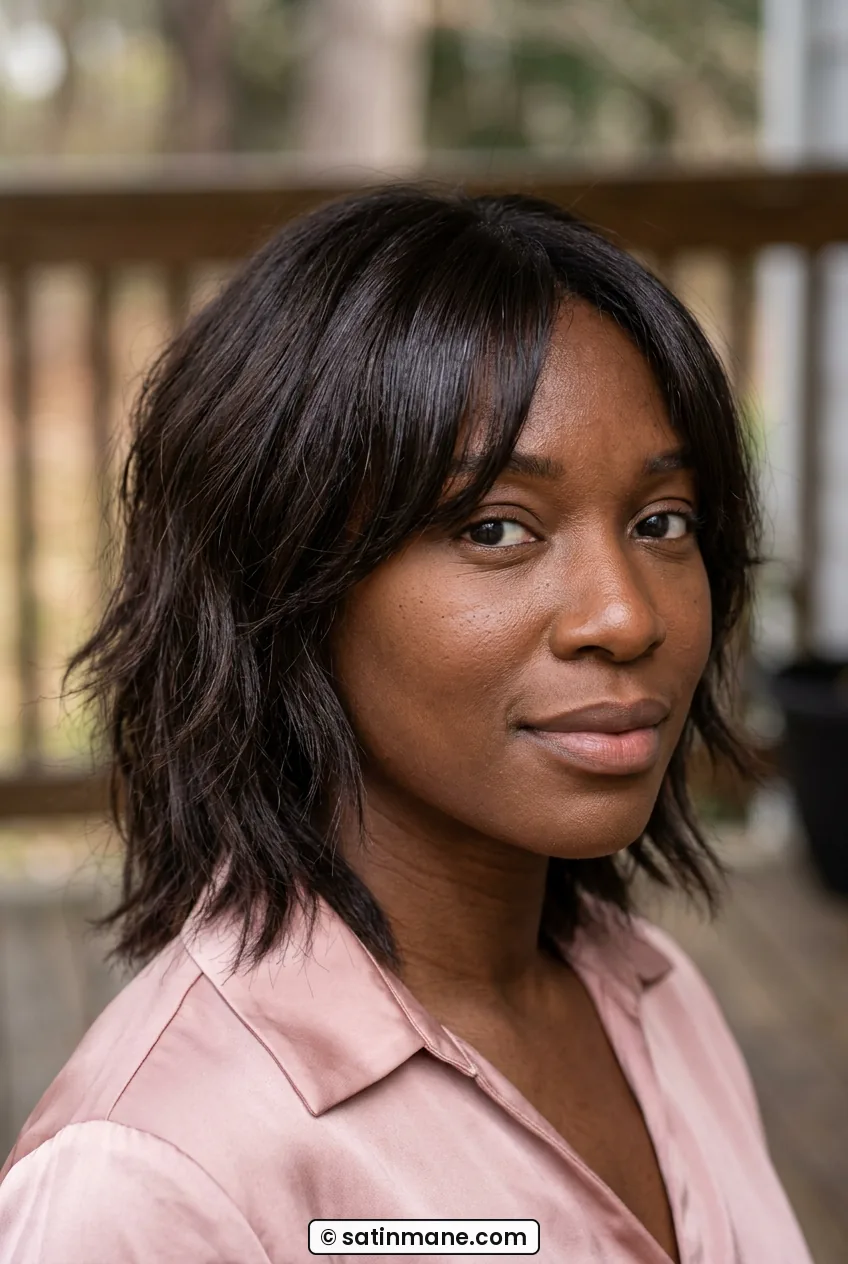 Woman with polished short shag and glossy center-part curtain bangs