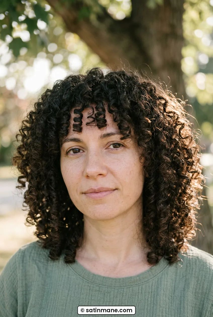Woman with dark brown collarbone dry rounded curly layers in soft daylight