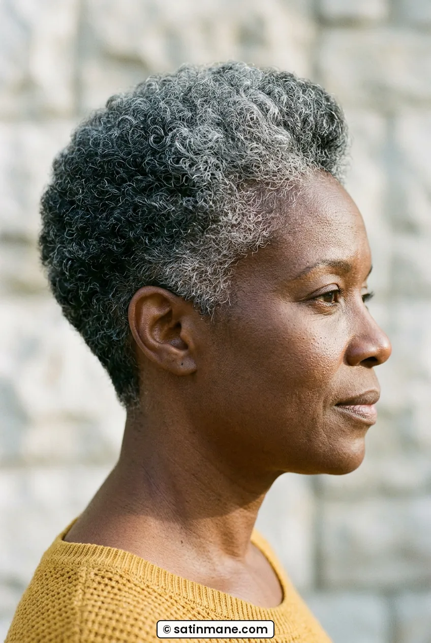 Woman with gray sculpted pixie showing rounded feathered nape in side profile