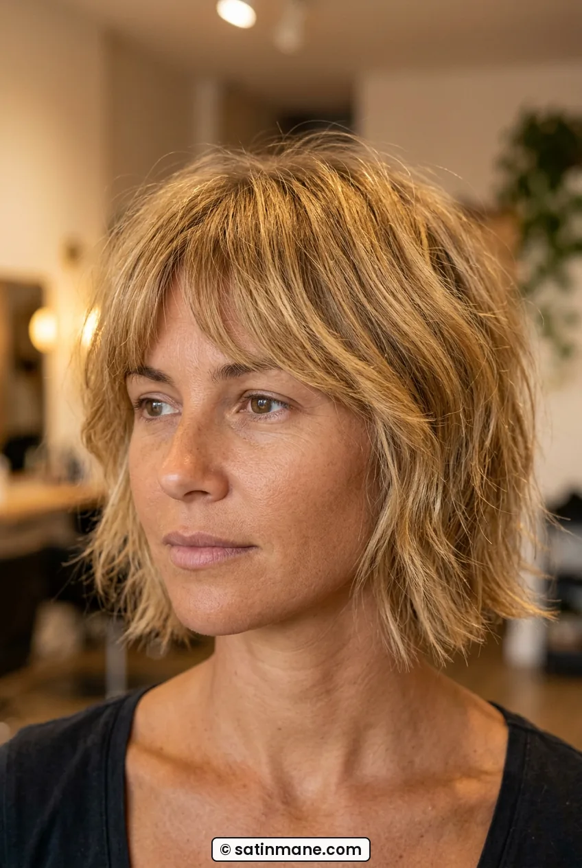 Woman with thick short shaggy bob with wispy fringe at jaw length in salon