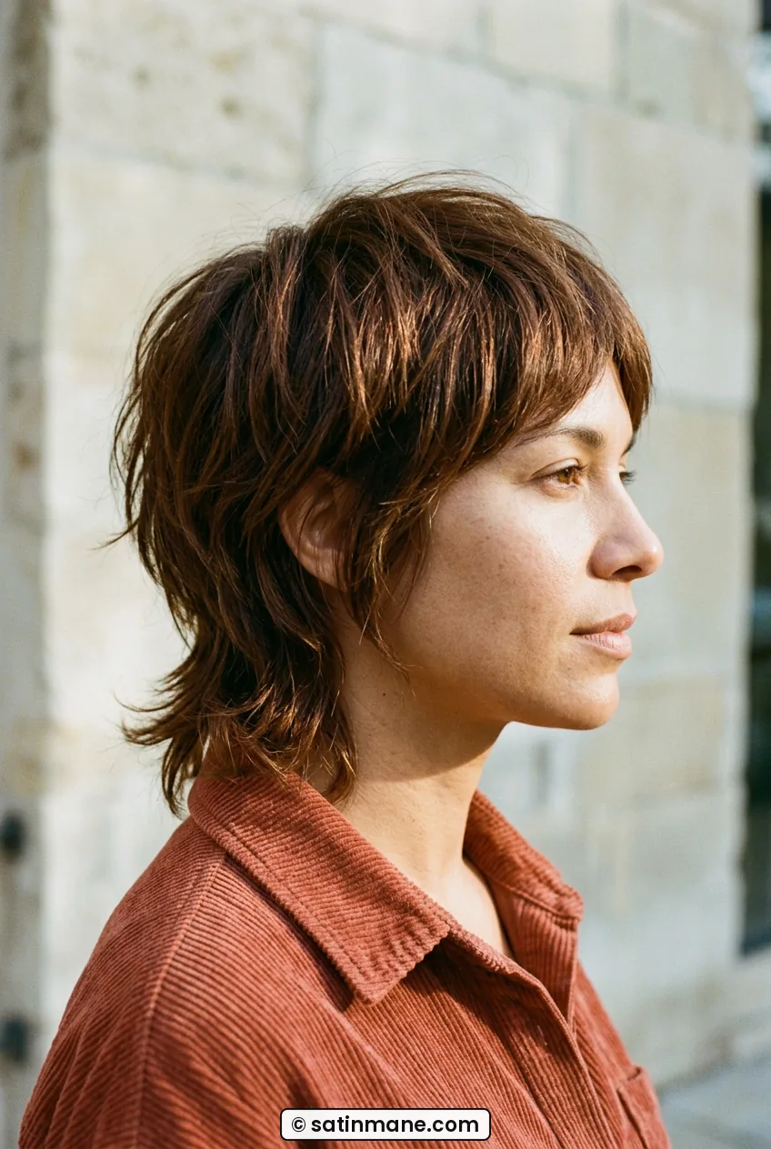 Woman with chestnut pixie bob blend showing feathered collar length back shape