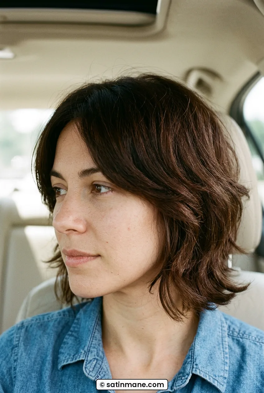 Woman with thick shaggy short bob with flicked ends near cheek