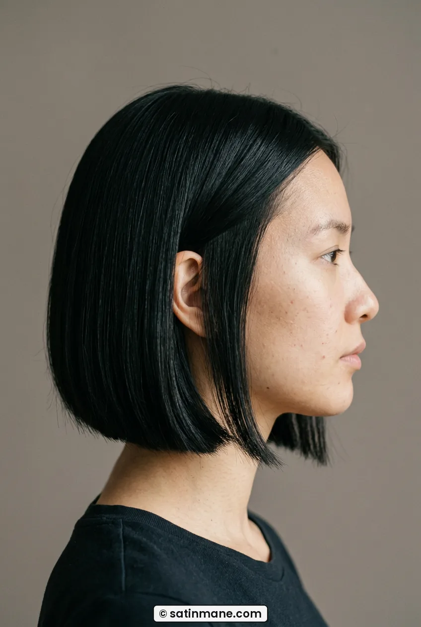 Woman in side profile wearing sharp straight bob grazing the jawline