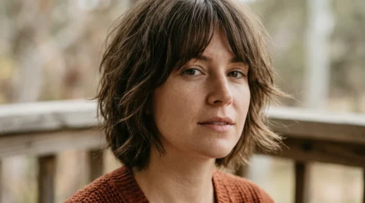 Woman with short textured shag and curtain fringe turning on shaded porch