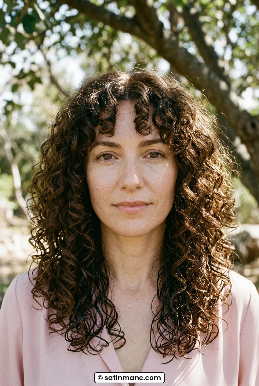 Woman with shoulder length curls and middle parted curtain bangs
