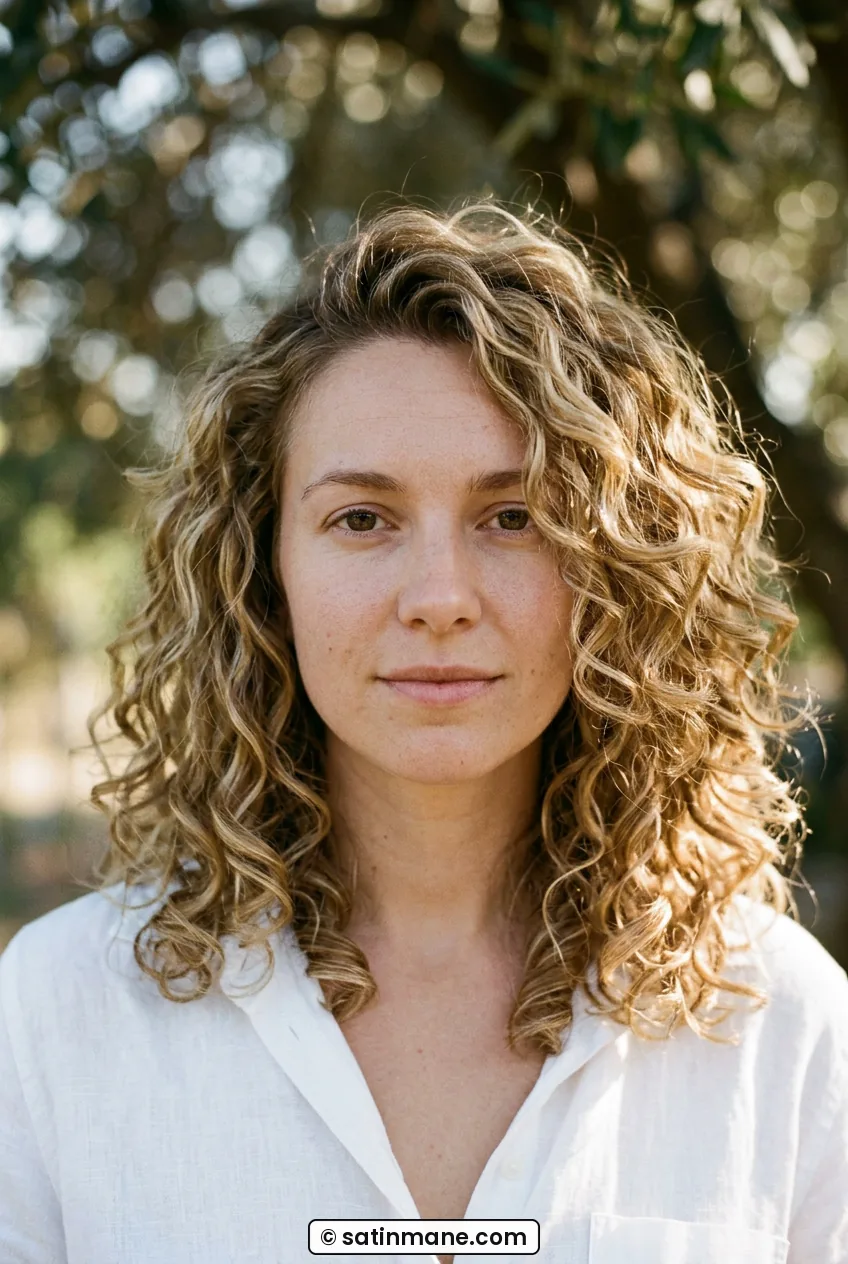 Woman with honey blonde shoulder length curls and face framing pieces