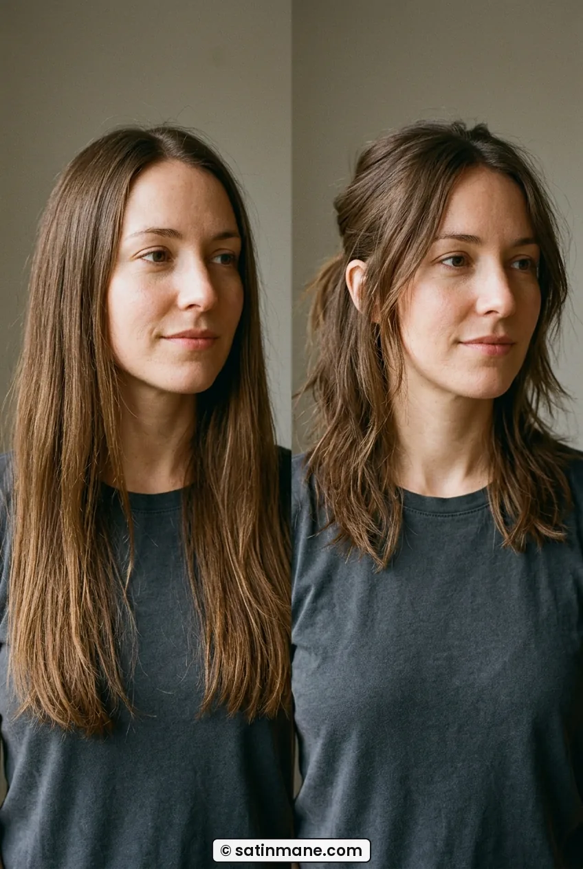 Woman with shoulder-grazing shag styled in small low ponytail showing versatility