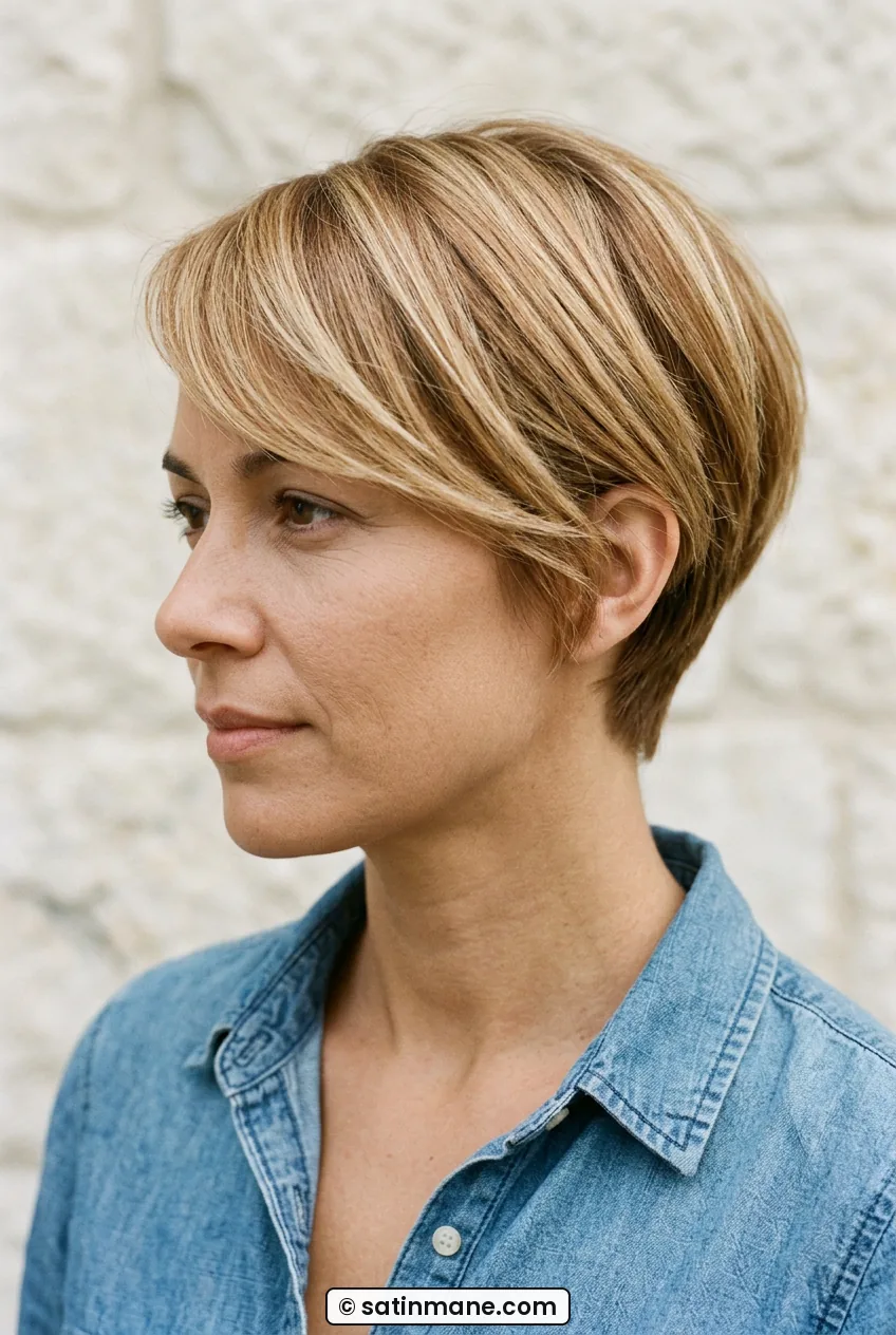 Woman with honey blonde side-swept pixie showing tapered slope from temple to nape